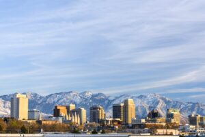 Salt Lake City with mountains GettyImages 1018972826