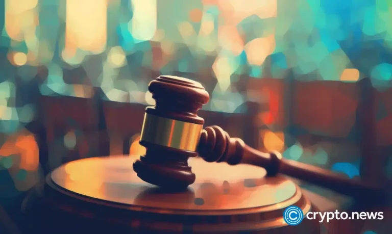 crypto news the judges gavel on the table blurry court session background low poly style.webp