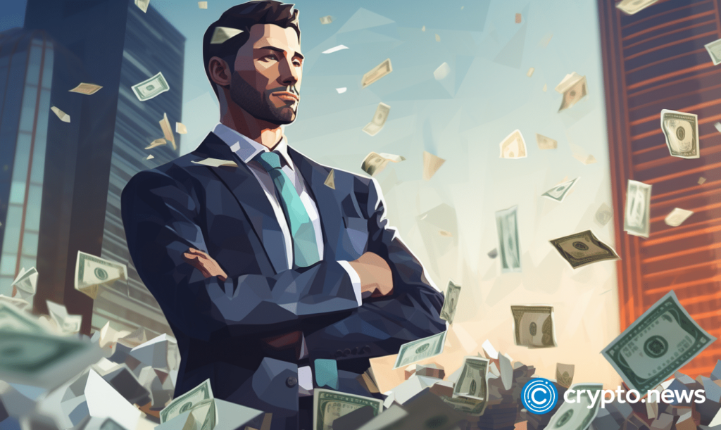 crypto news man in business suit gives a money modern city background low poly style v5.2