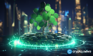 crypto news green tree grows out of hologram coins modern city background bright neon colors cyberpunk style v5.2 1