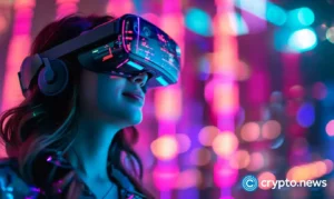 crypto news smiling black woman in vr glasses over grid box burning blockchain and artificial intelligence bright neon colors blurry background option02.webp