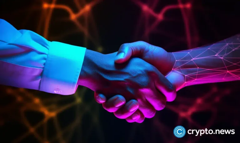 crypto news two people shaking hands deal office background neon colors01.webp
