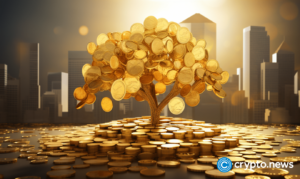 crypto news a tree grows out of gold coins modern city background low poly style v5.2