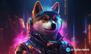 crypto news Shiba Inu in futuristic armor with plasma gun front side view neon colors blockchain background01