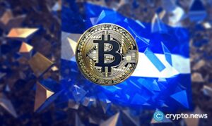 crypto news El Salvador flag and bitcoin blurry blockchain background low poly st