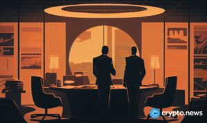 crypto news company merger office background dark tones sixties retro futuristic illustration